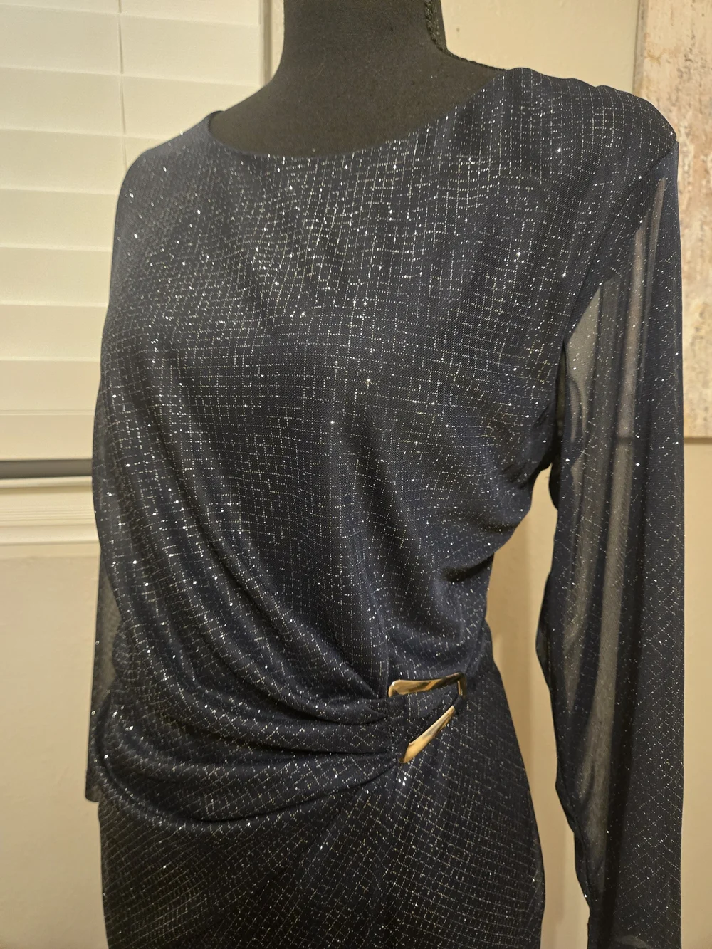 NWOT Navy Sequin Ruched Midi Dress - Picture 2 of 7